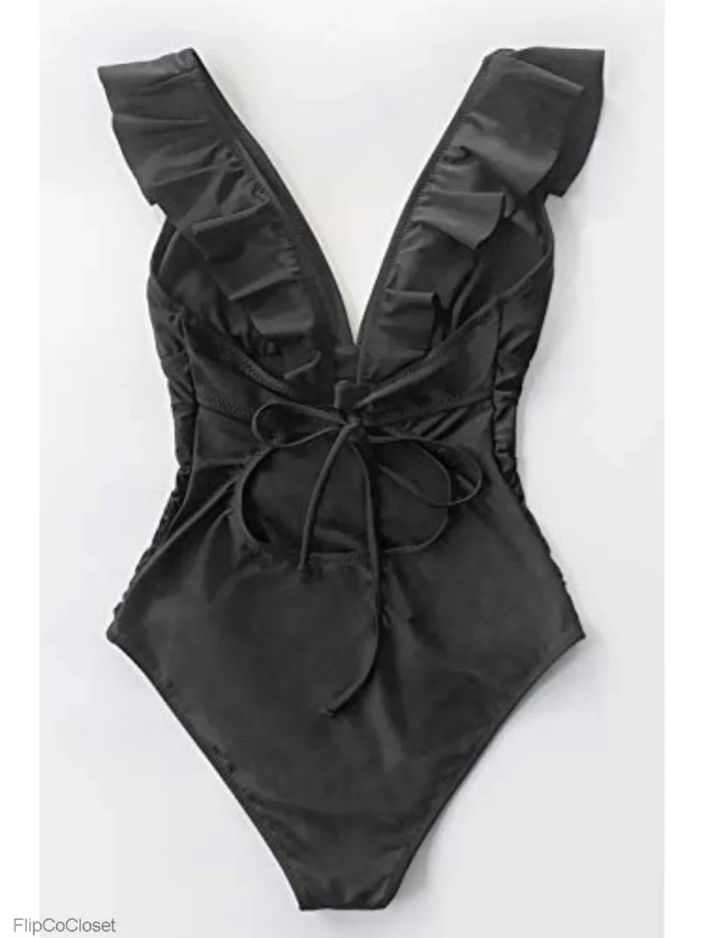 V-Neck One Piece Swimsuit Ruched Tummy Control Ruffle Trim Removable Cups
